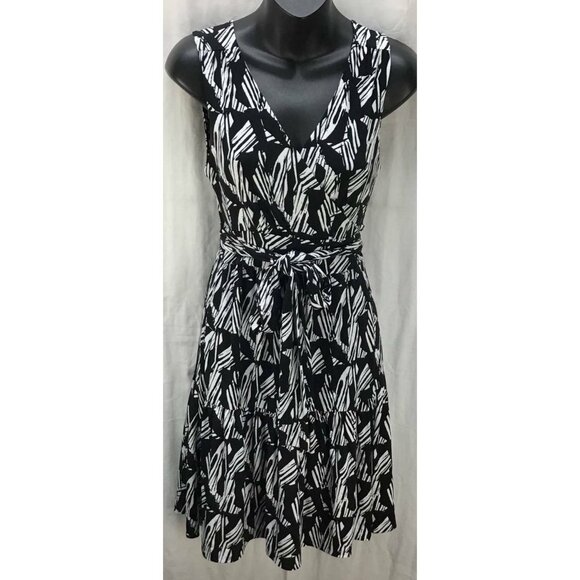 Banana Republic Dress Small Black Abstract Fit Flare V-Neck Sleveless Layer 1232 - Picture 1 of 6